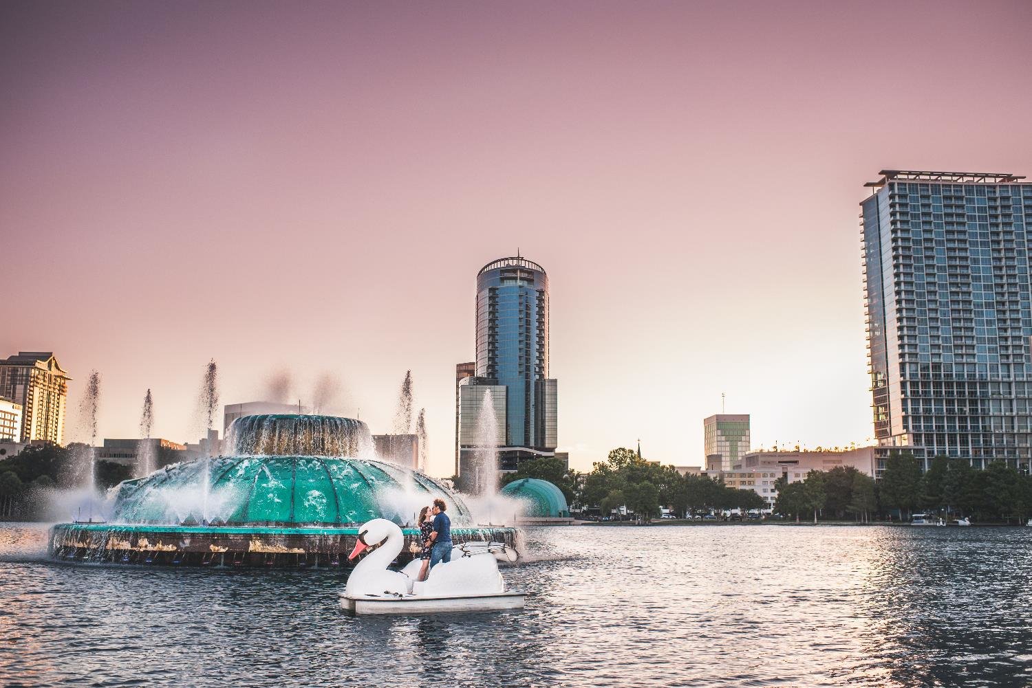 lake eola fountain with swan boat